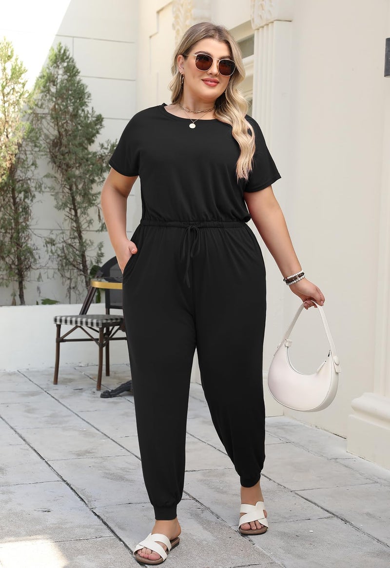 Nemidor Plus Size Casual Jumpsuits for Curvy Women Summer Short Sleeve Drawstring Waist Long Pant Romper with Pocket 16-26(254,26,Black) - Image 5