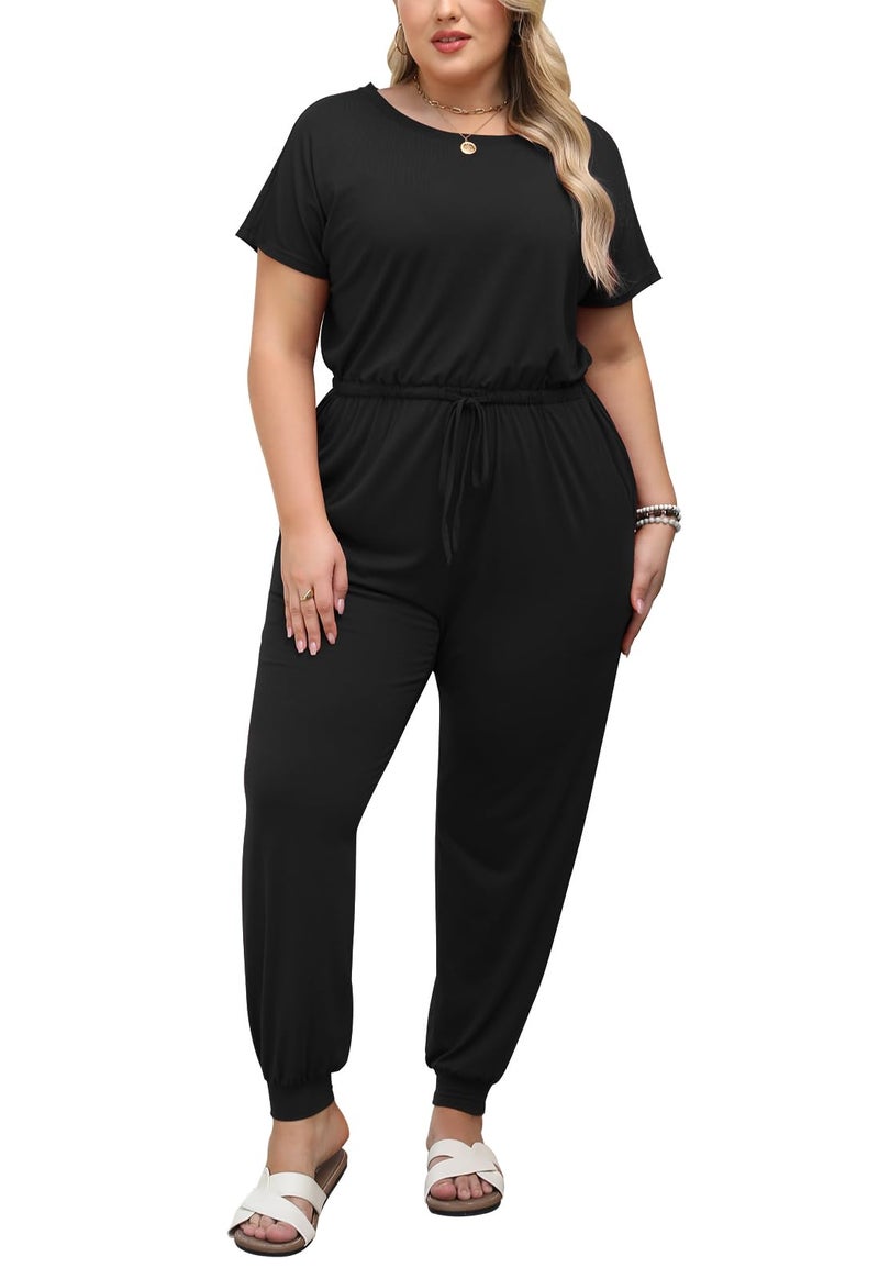 Nemidor Plus Size Casual Jumpsuits for Curvy Women Summer Short Sleeve Drawstring Waist Long Pant Romper with Pocket 16-26(254,26,Black) - Image 1