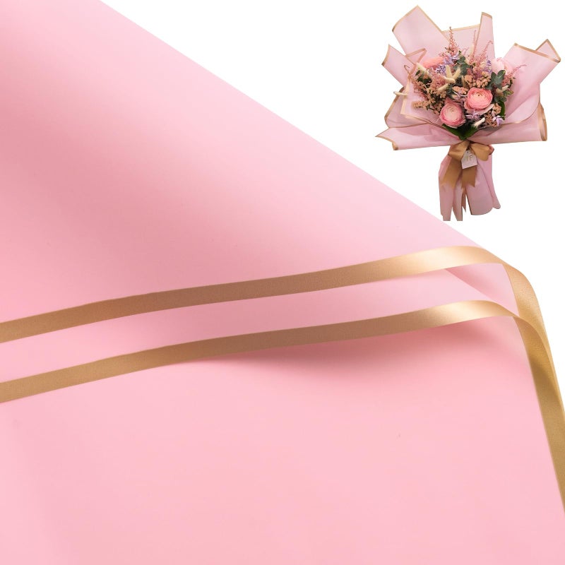 WRAPAHOLIC 20 Sheets Flower Wrapping Paper - 22.4 x 22.4 inch Gold Trim Pink Water-Resistant Floral Bouquet Wrapping Paper, Florist Supplies Packaging Paper for Wedding Birthday Gift DIY - Image 1