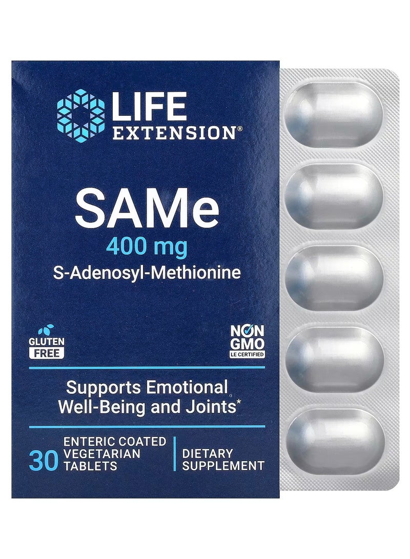 Life Extension, SAMe, S-أدينوسيل-ميثيونين، 400 ملغ، 30 قرصًا نباتيًا مغلفًا معويًا