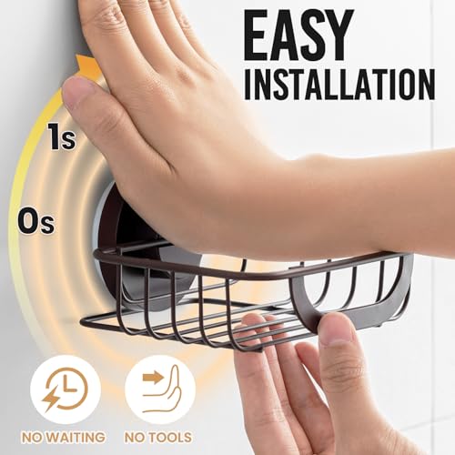 LEVERLOC Soap Holder Dish with Hooks for Shower, Bar Suction Cup Soap Tray Wall Mounted, Rustproof Stainless Steel Sponge Holder Caddy for Bathroom Bathtub Kitchen Sink, Brown - Image 2