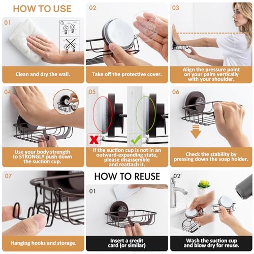 LEVERLOC Soap Holder Dish with Hooks for Shower, Bar Suction Cup Soap Tray Wall Mounted, Rustproof Stainless Steel Sponge Holder Caddy for Bathroom Bathtub Kitchen Sink, Brown - Image 5