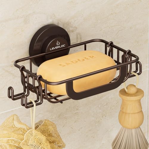 LEVERLOC Soap Holder Dish with Hooks for Shower, Bar Suction Cup Soap Tray Wall Mounted, Rustproof Stainless Steel Sponge Holder Caddy for Bathroom Bathtub Kitchen Sink, Brown - Image 1
