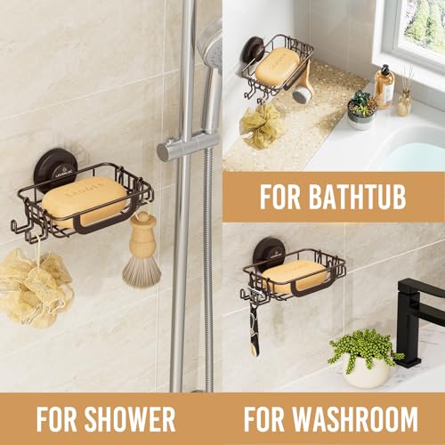 LEVERLOC Soap Holder Dish with Hooks for Shower, Bar Suction Cup Soap Tray Wall Mounted, Rustproof Stainless Steel Sponge Holder Caddy for Bathroom Bathtub Kitchen Sink, Brown - Image 4