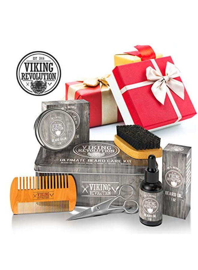 Viking Revolution طقم العناية باللحية للرجال - طقم العناية باللحية النهائي يتضمن فرشاة لحية من شعر الخنزير 100%، مشط لحية خشبي، بلسم لحية، زيت لحية، مقص لحية وشوارب في علبة معدنية - Image 4