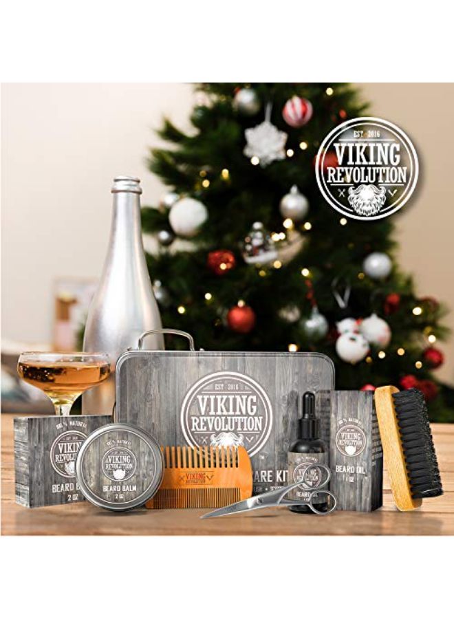 Viking Revolution طقم العناية باللحية للرجال - طقم العناية باللحية النهائي يتضمن فرشاة لحية من شعر الخنزير 100%، مشط لحية خشبي، بلسم لحية، زيت لحية، مقص لحية وشوارب في علبة معدنية - Image 3