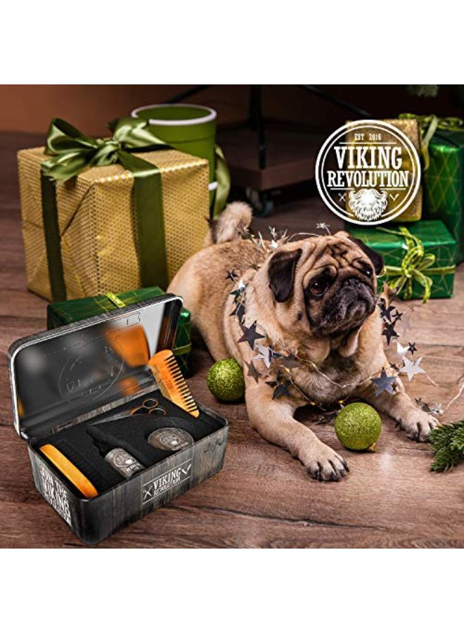 Viking Revolution طقم العناية باللحية للرجال - طقم العناية باللحية النهائي يتضمن فرشاة لحية من شعر الخنزير 100%، مشط لحية خشبي، بلسم لحية، زيت لحية، مقص لحية وشوارب في علبة معدنية - Image 2