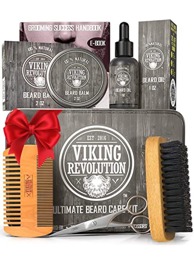 Viking Revolution طقم العناية باللحية للرجال - طقم العناية باللحية النهائي يتضمن فرشاة لحية من شعر الخنزير 100%، مشط لحية خشبي، بلسم لحية، زيت لحية، مقص لحية وشوارب في علبة معدنية - Image 1