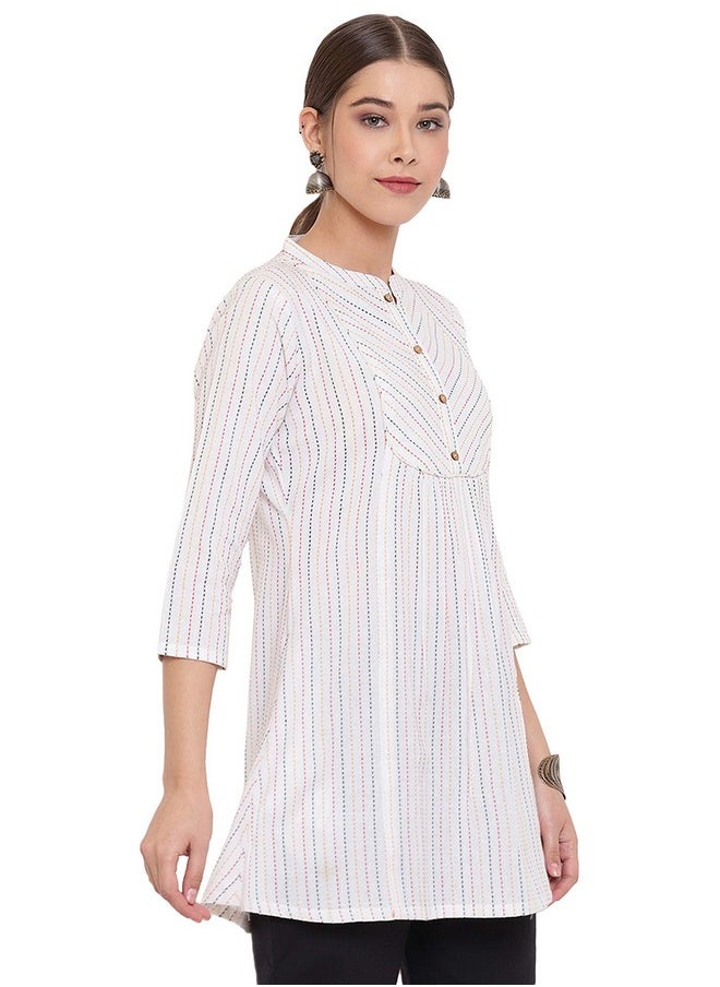 Janasya - Janasya Women's White Cotton Woven Design A-Line Top(J0117-TP-S) - Image 1