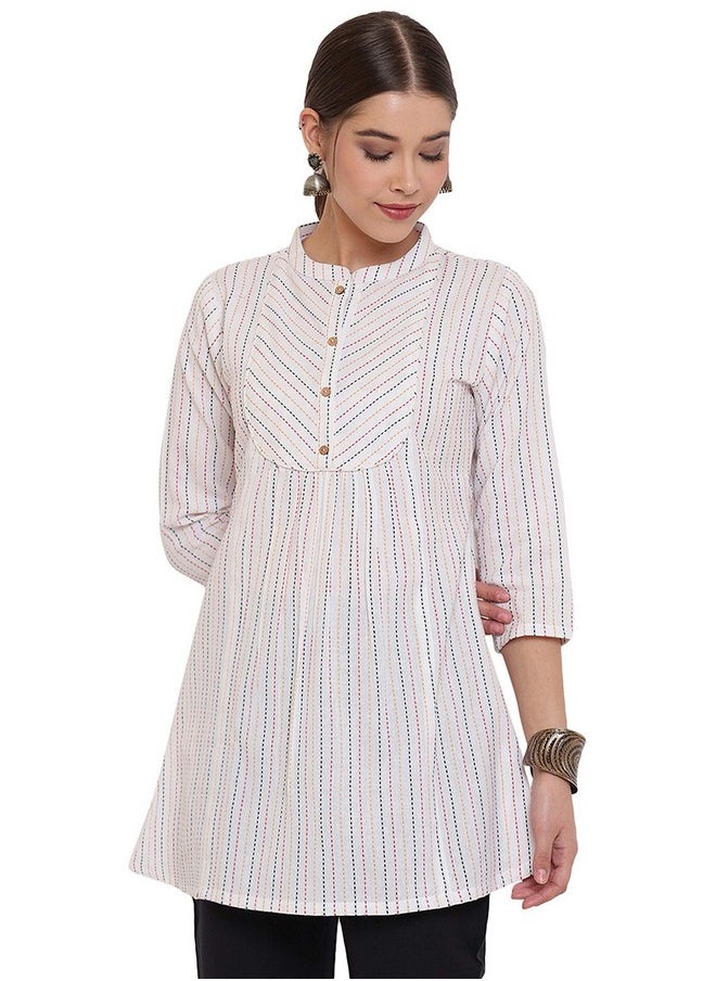 Janasya - Janasya Women's White Cotton Woven Design A-Line Top(J0117-TP-S) - Image 1