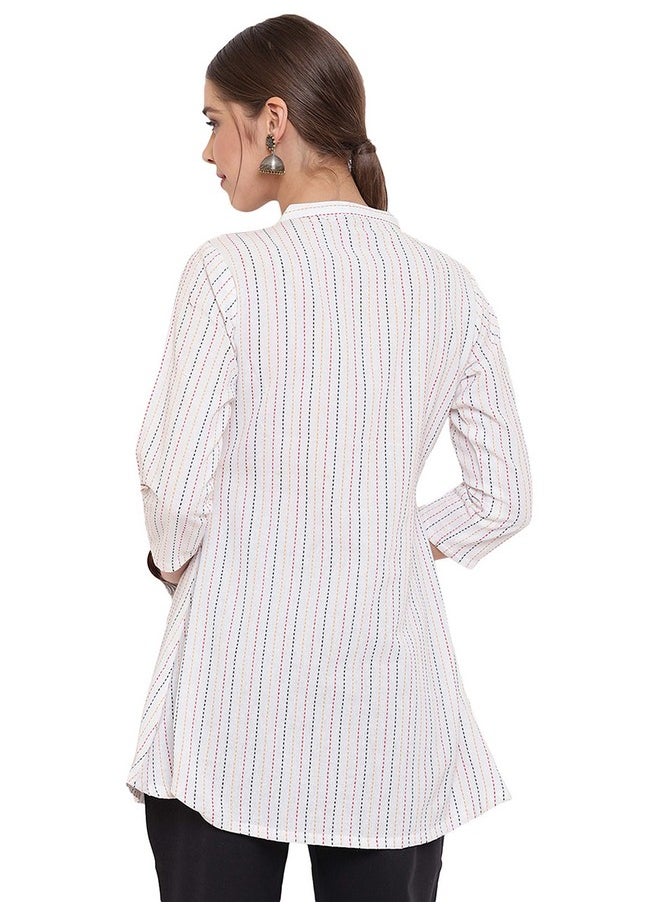 Janasya - Janasya Women's White Cotton Woven Design A-Line Top(J0117-TP-S) - Image 1