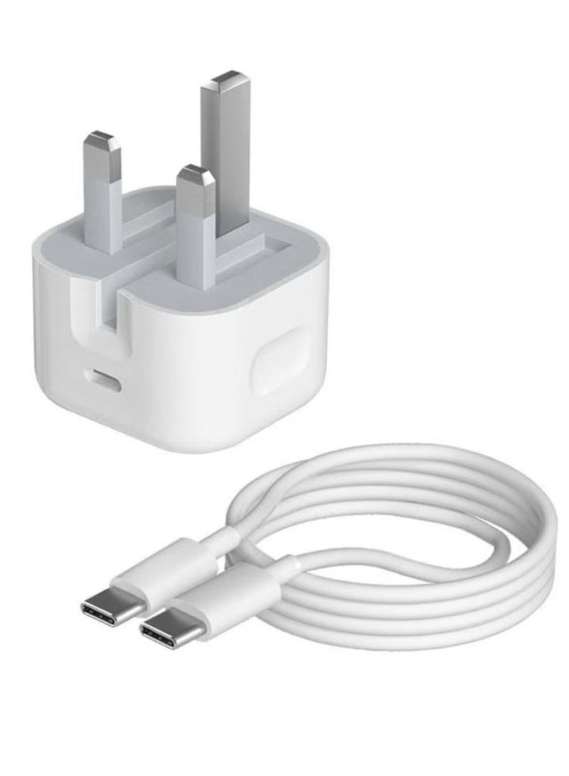 White wall charger with a Type-C port and a Type-C to Type-C charging and data transfer cable; compatible with iPhone 16 Pro Max and iPhone 17 Pro Max.