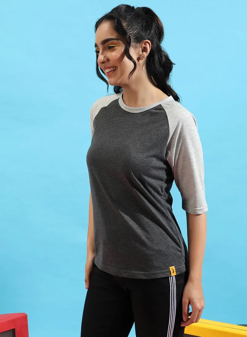 كامبوس سوترا Women's Charcoal Grey Colourblocked Regular Fit Top For Casual Wear | Crewneck | Short Sleeve | Top Crafted With Regular Sleeve, Comfort Fit & High-Performance For Everyday Wear