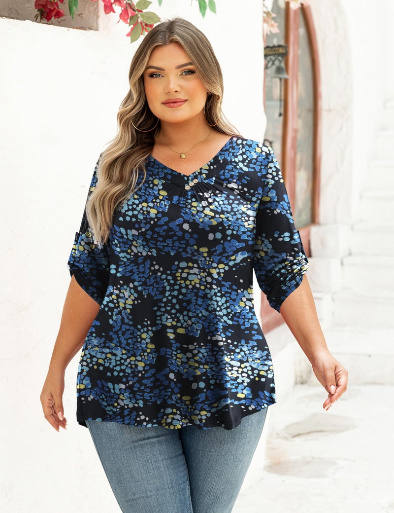 FOLUNSI Womens Plus Size Tops Floral Printed 3/4 Sleeve Blouses Color 318,3XL - Image 3