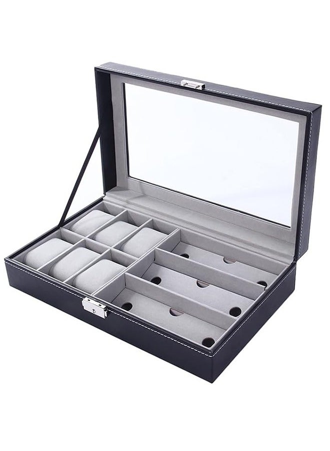 RollsTimi  PU Leather Single Layer 6 Grids Watches Storage Boxes and 3 Grids Glasses Organizers for Home Jewelry Decoration Watch Display Organizer Box - Image 1