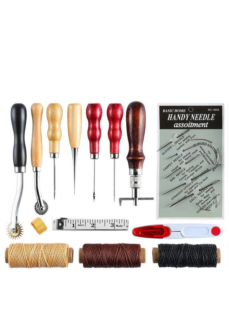 14 Sets DIY Leather Craft Tools with Awl, Stitching Groover, Wax Thread, Thimble u0026 Other Accessories, Professional Leather Sewing Tools, Set for Carpets, Coats u0026 Tents Hand Stitching - Image 1