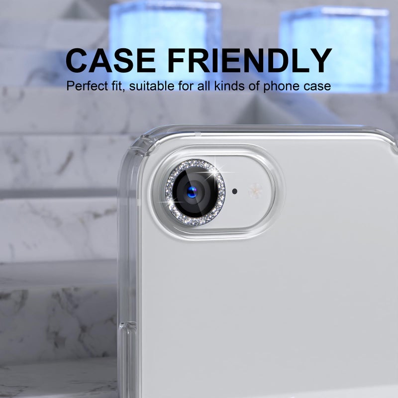 Choiche Compatible for iPhone 17e / 16e Camera Lens Protector Bling, 9H Tempered Glass Camera Cover Screen Protector Metal Ring Decoration Accessories(Glitter-Silver) - Image 4