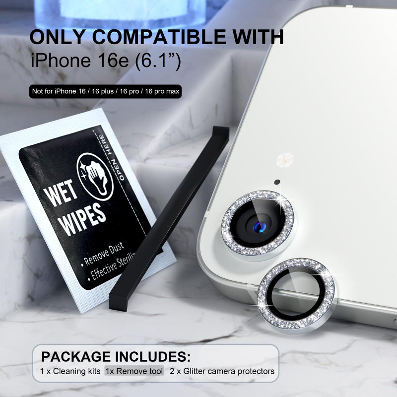 Choiche Compatible for iPhone 17e / 16e Camera Lens Protector Bling, 9H Tempered Glass Camera Cover Screen Protector Metal Ring Decoration Accessories(Glitter-Silver) - Image 2