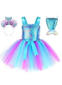 Mermaid Tutu Dress for Girls, Kids Mermaid Costume Outfits with Headband and Bag, Princess Dress Up Sequined Mesh Skirt for Birthday Party, Prom, Gift M, Blue