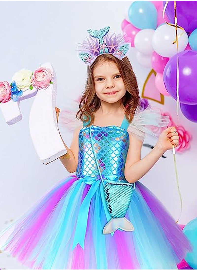 SYOSI - Mermaid Tutu Dress for Girls, Kids Mermaid Costume Outfits with Headband and Bag, Princess Dress Up Sequined Mesh Skirt for Birthday Party, Prom, Gift M, Blue - Image 1