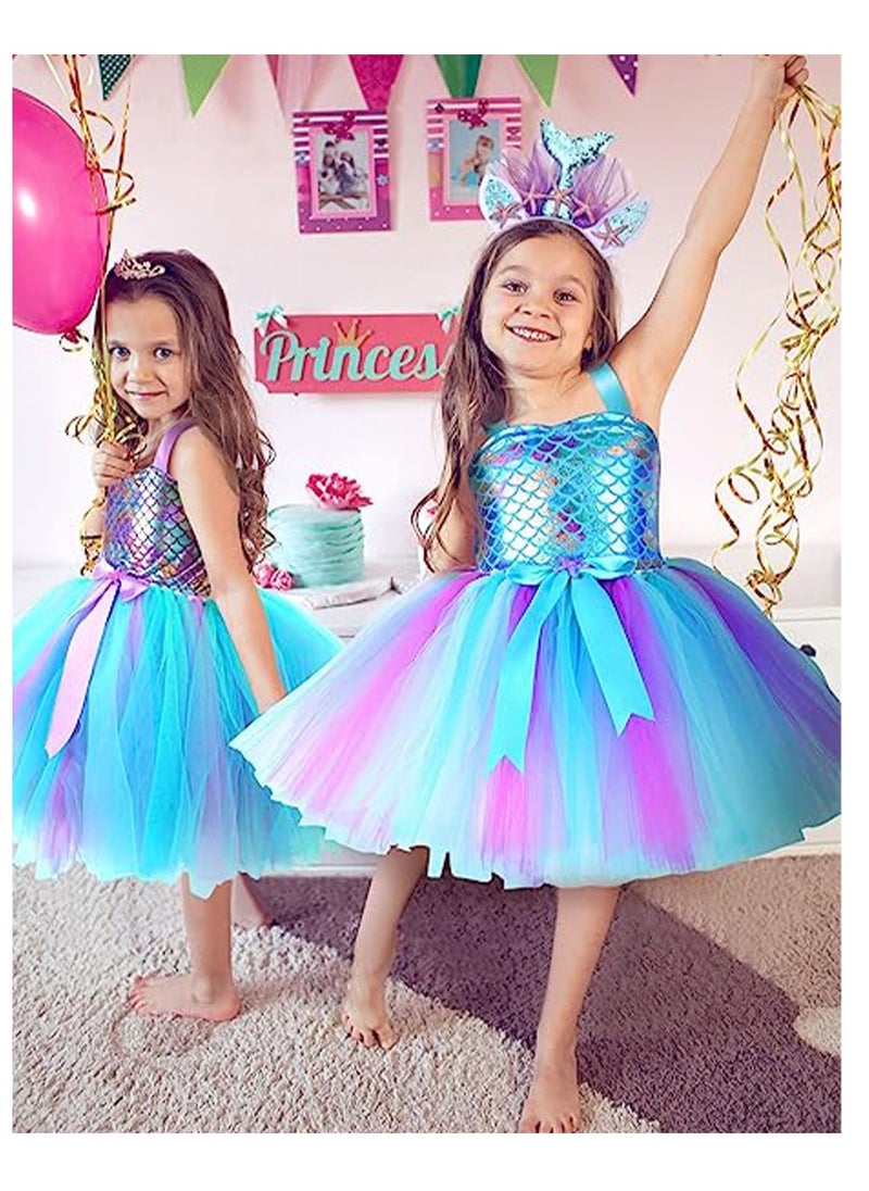SYOSI - Mermaid Tutu Dress for Girls, Kids Mermaid Costume Outfits with Headband and Bag, Princess Dress Up Sequined Mesh Skirt for Birthday Party, Prom, Gift M, Blue - Image 1