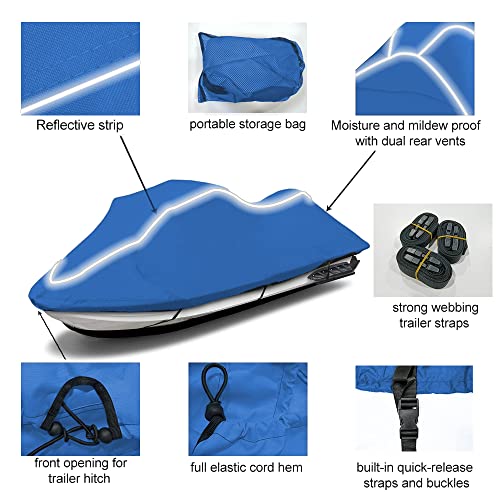 zenicham Upgraded Fade and Crack Resistant Trailerable Blue Jet Ski Cover, Heavy-Duty Waterproof and UV Protection PWC Cover,Jetski Watercraft Cover Fits from 103"-115"(1 or 2 Seater) - Image 2