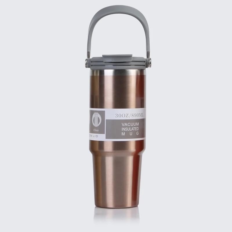 Vasukie 900ML Stainless Steel Tumbler with Straw and Top Handle, Leakproof Sipper Water Bottle, Dual Flip Lid for Office, Gym, Water, Coffee, Tea and Cold Drinks (Copper) - Image 2