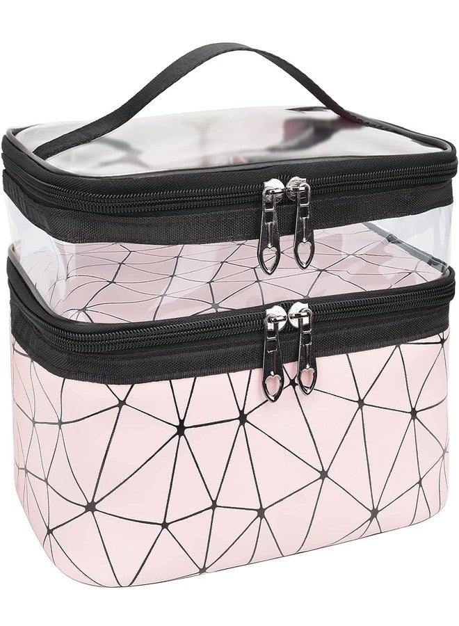 Stadash Double Layer Cosmetics Makeup Toiletries Storage Organizer – Transparent Makeup Bag with 2 Zippers and Elastic Band for Travel, Cosmetics, Brushes, and Beauty Accessories (Diamond Pink) - Image 1