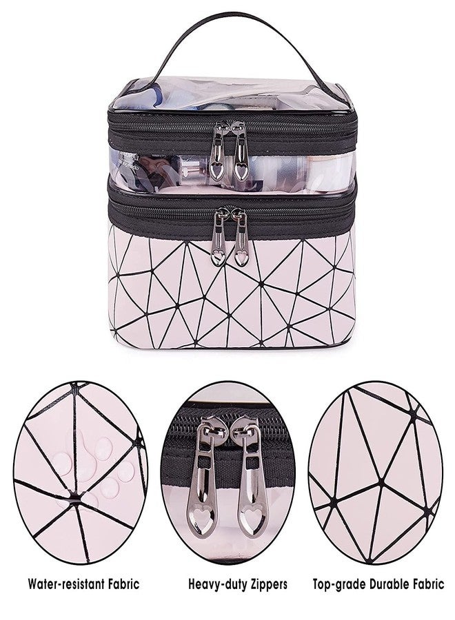 Stadash Double Layer Cosmetics Makeup Toiletries Storage Organizer – Transparent Makeup Bag with 2 Zippers and Elastic Band for Travel, Cosmetics, Brushes, and Beauty Accessories (Diamond Pink) - Image 2
