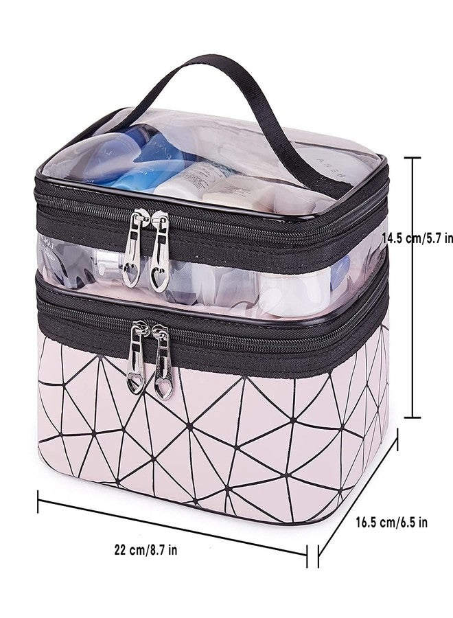 Stadash Double Layer Cosmetics Makeup Toiletries Storage Organizer – Transparent Makeup Bag with 2 Zippers and Elastic Band for Travel, Cosmetics, Brushes, and Beauty Accessories (Diamond Pink) - Image 4