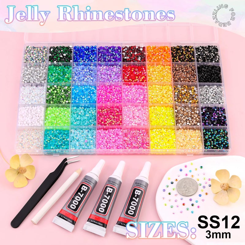 BELLEBOOST 40000Pcs 40 Colors Jelly Rhinestones for Bedazzling, 3mm Multicolor Resin Flatback Gems for Diamond Art, Bedazzler Kit with 3Pcs 10ml B7000 Jewelry Glue for Crafting Book Shoes Nail Art - Image 2