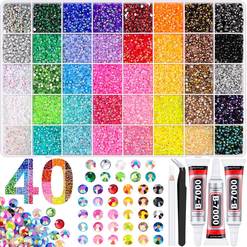 BELLEBOOST 40000Pcs 40 Colors Jelly Rhinestones for Bedazzling, 3mm Multicolor Resin Flatback Gems for Diamond Art, Bedazzler Kit with 3Pcs 10ml B7000 Jewelry Glue for Crafting Book Shoes Nail Art - Image 1