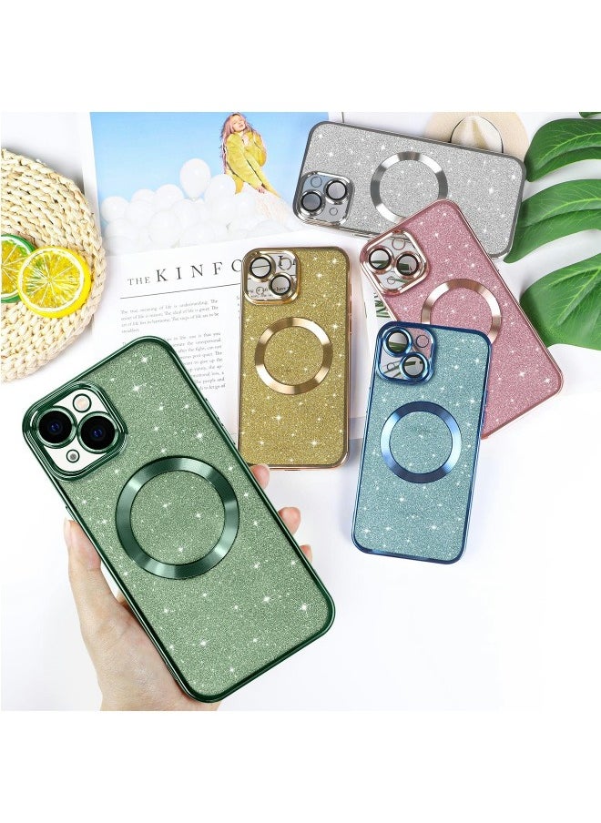 iPhone 13 Case Glitter, Clear Magnetic Phone Cases with Camera Lens Protector [Compatible with MagSafe] Bling Sparkle Plating Soft TPU Shockproof Protective Cover for Women Girls