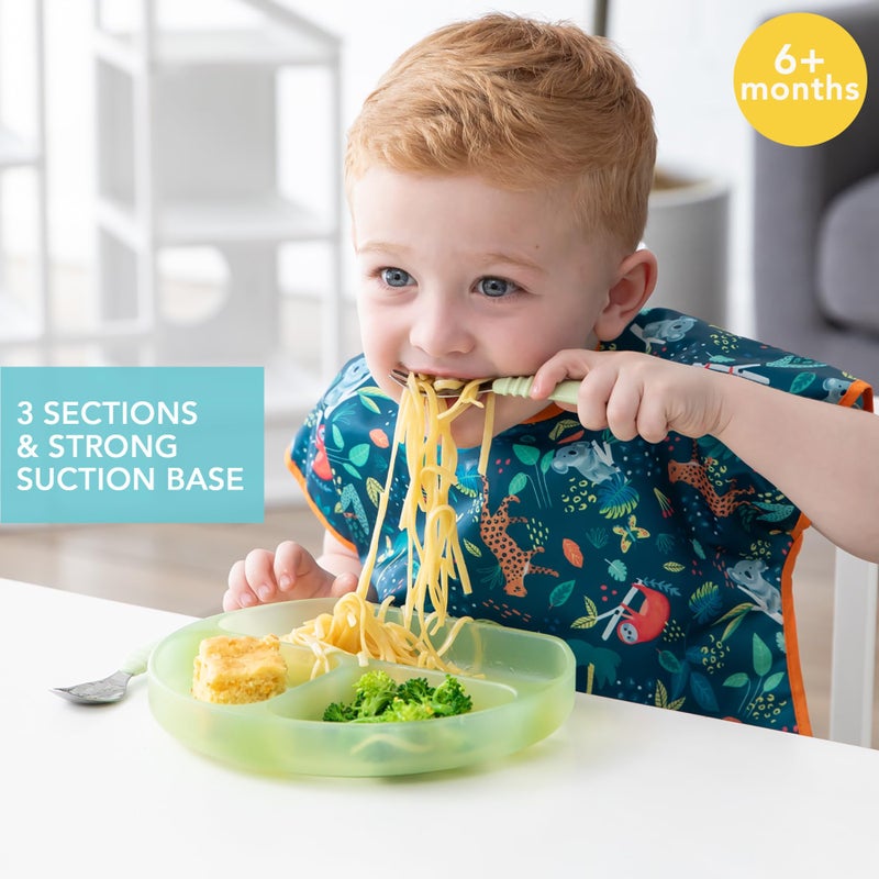 Bumkins Toddler and Baby Suction Plate, Silicone Divided Grip Dish for Babies and Kids, Baby Led Weaning, Children Feeding Supplies, Non Skid Sticky Bottom, Ages 6 Months Up, Green Jelly - Image 2