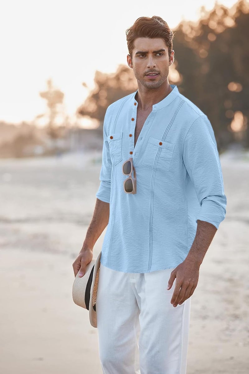 Macsivo Cotton Blend Solid Casual Short Kurta for Men Long Sleeve Mandarin Collar Stylish Shirt Kurta for Men Sky - Image 3