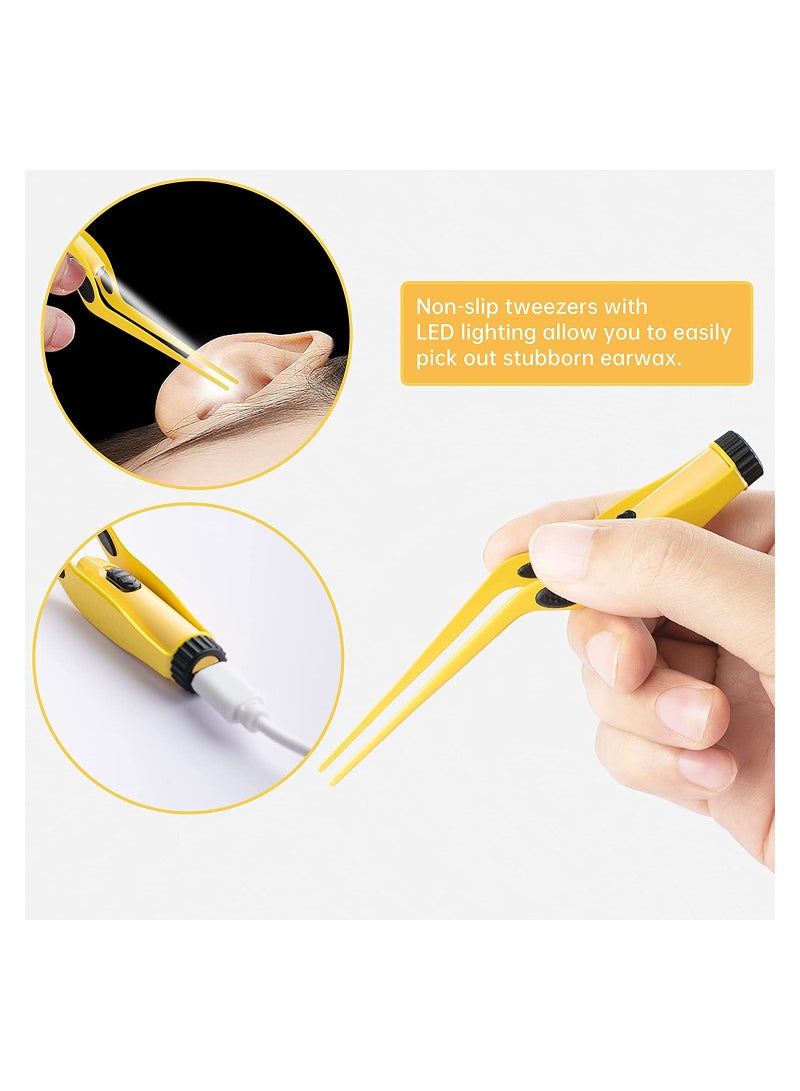 4 in 1 Ear Wax Removal Tool Kit Ear Cleaner for Kids and Adults Includes a Tweezer with Light and Ear Wax Remover with 4 Reusable and Washable Replacement Soft Silicone Tips Earwax