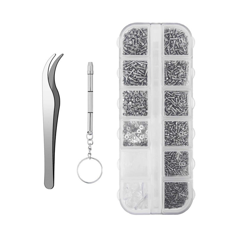 1100Pcs Eyeglasses Repair Kit Tiny Sunglasses Screws Glasses Screws and 5 Pairs Nose Pads with Micro Screwdriver Tweezer for Watch Clock Spectacle Eye Glass Repair