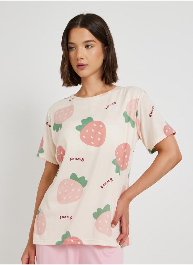 Take Two 3-Piece Strawberry Printed Short Sleeve T-Shirt, Solid Shorts and Pyjama Set  - Image 3