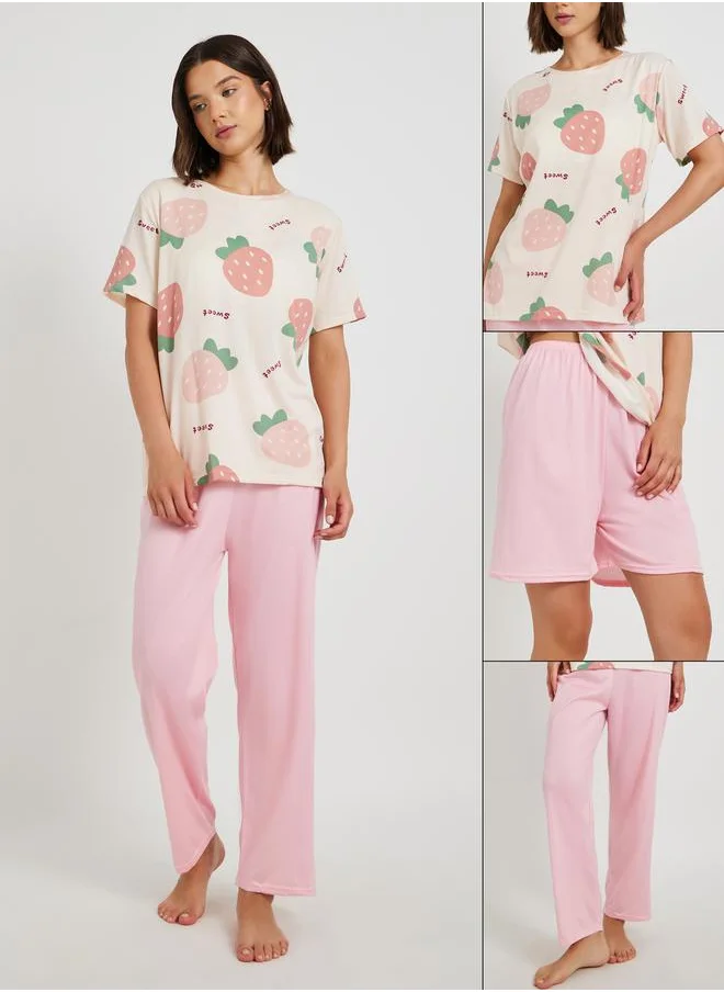 Styli 3-Piece Strawberry Printed Short Sleeve T-Shirt, Solid Shorts and Pyjama Set