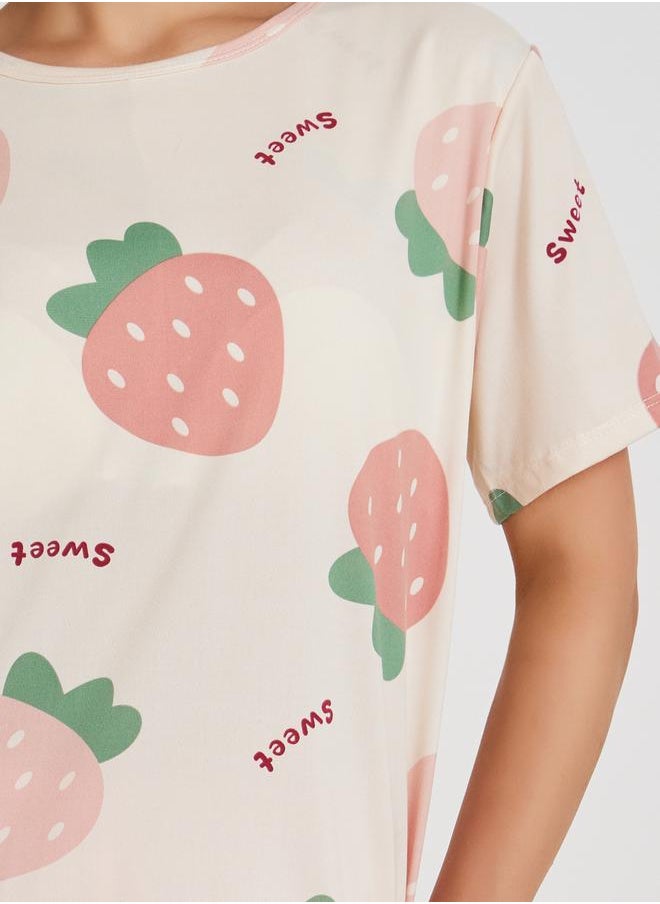 Take Two 3-Piece Strawberry Printed Short Sleeve T-Shirt, Solid Shorts and Pyjama Set  - Image 4