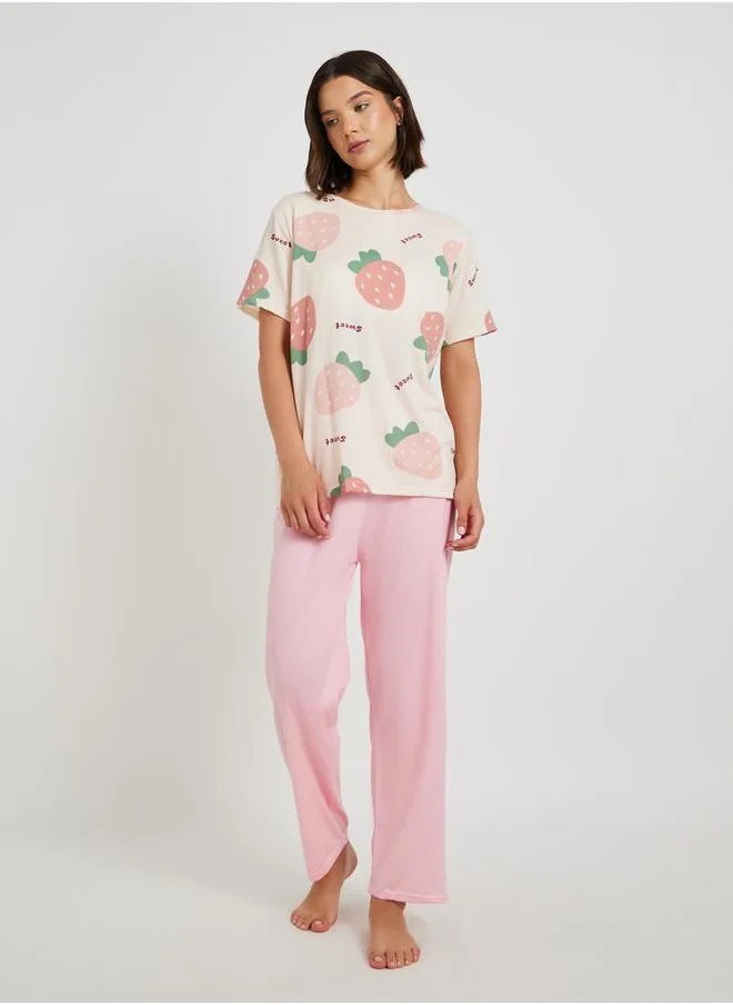 Styli 3-Piece Strawberry Printed Short Sleeve T-Shirt, Solid Shorts and Pyjama Set