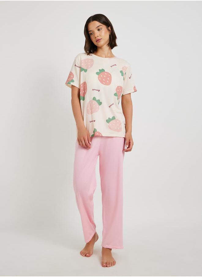 Take Two 3-Piece Strawberry Printed Short Sleeve T-Shirt, Solid Shorts and Pyjama Set  - Image 2