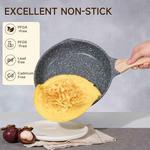 JEETEE 9.5 Inch Nonstick Frying Pan, Stone Coating Cookware, Nonstick Omelette Pan with Heat-Resistant Handle, Compatible with All Stoves (Grey) - Image 3