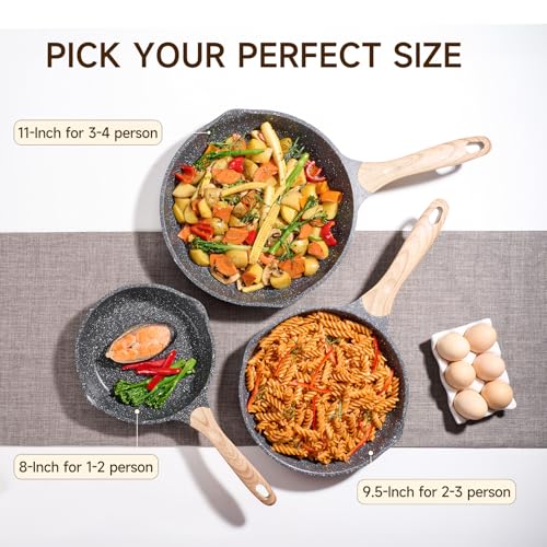 JEETEE 9.5 Inch Nonstick Frying Pan, Stone Coating Cookware, Nonstick Omelette Pan with Heat-Resistant Handle, Compatible with All Stoves (Grey) - Image 2