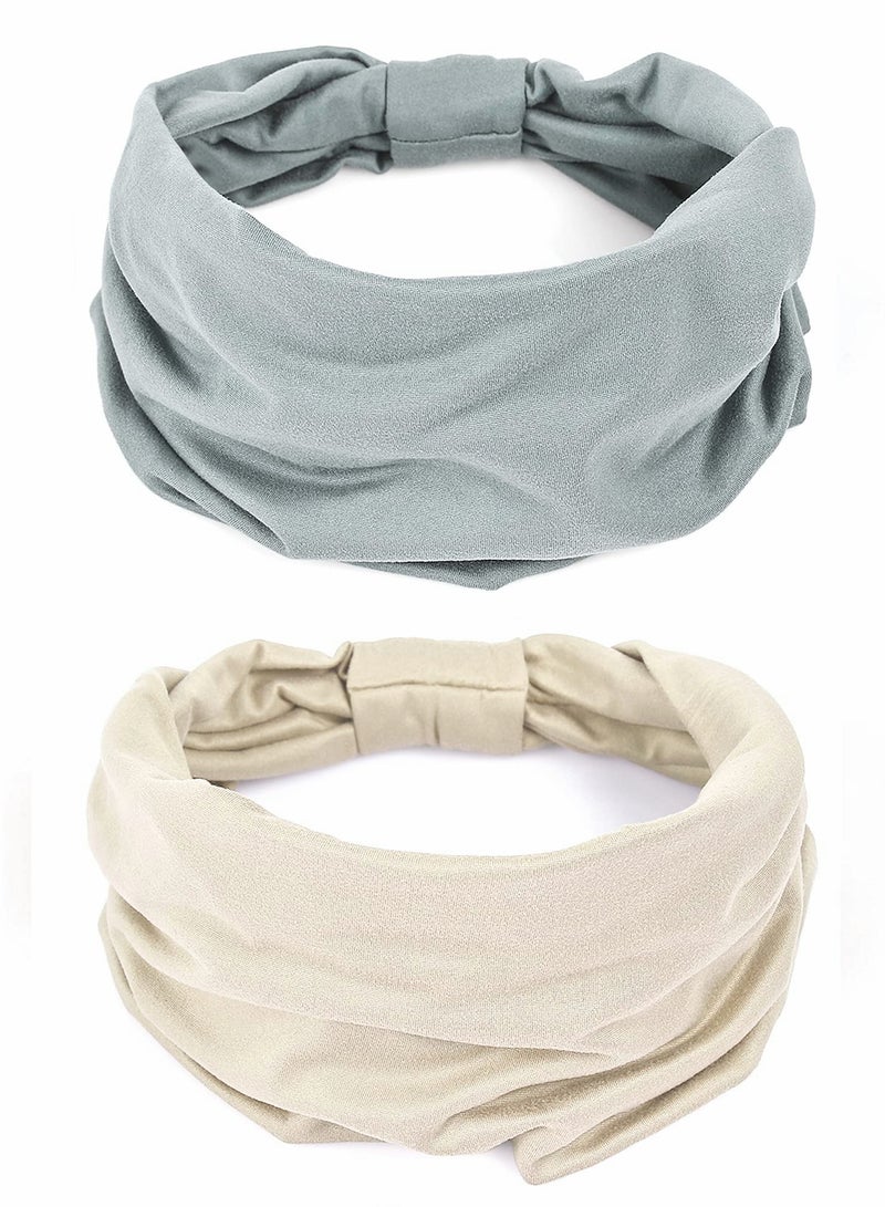 SOLARAE 2 Pack Wide Headbands for Women, Boho Knotted Sweat on-Slip Fashion Hair Bands, Head Wraps Elastic Soft Cotton Cloth Turbans Bandana for Yoga, Running, Sport - Image 1