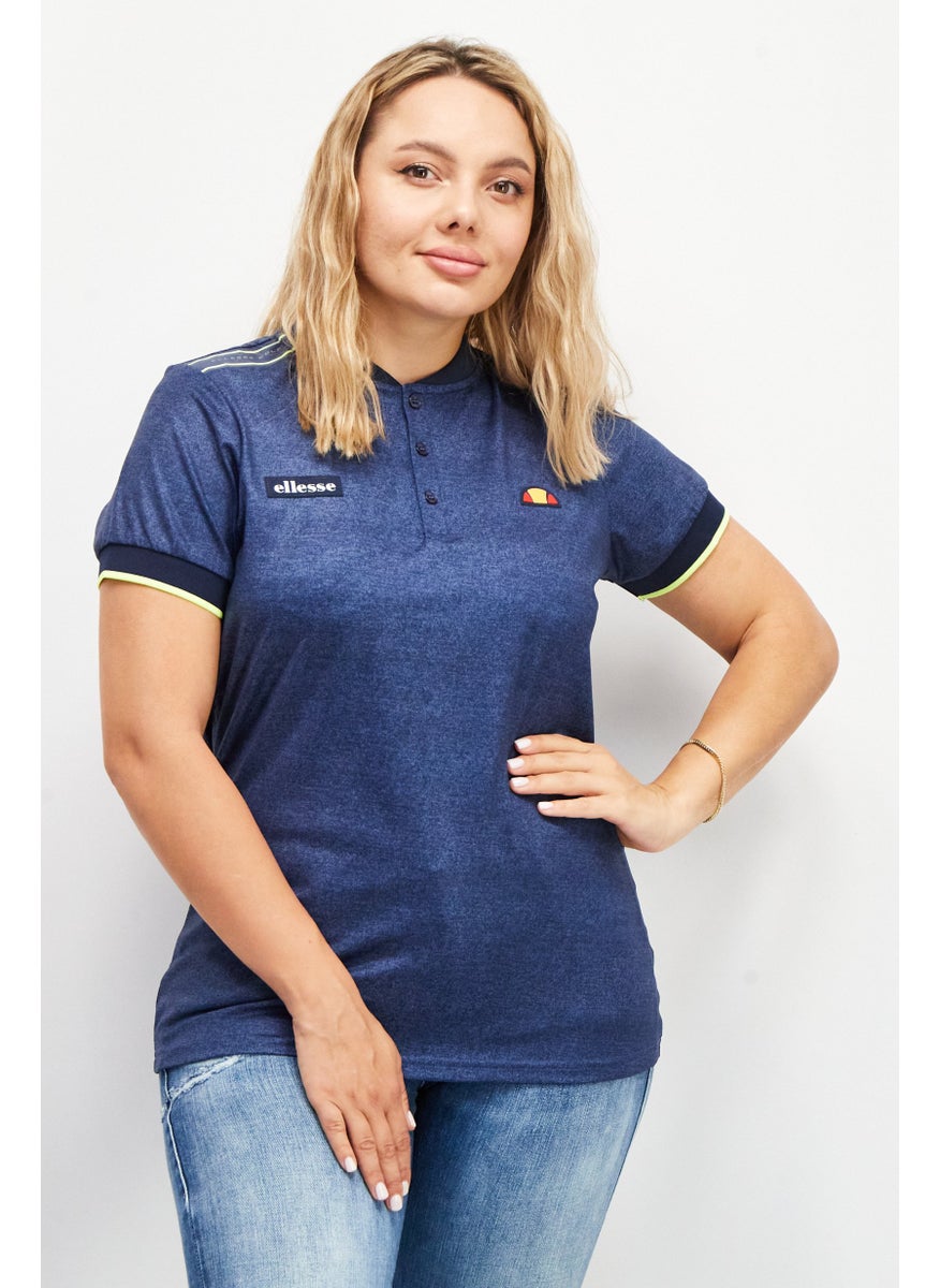 Ellesse Women Stand Collar Short Sleeve Logo Top, Navy  - Image 1