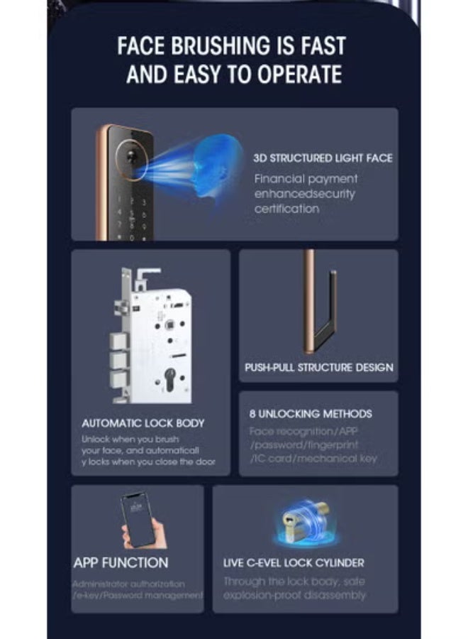 لوكستار قفل باب ذكي S61 مع جرس باب - واي فاي، تطبيق تويا، بصمة إصبع، بطاقة IC، كلمة مرور ومفتاح دخول - أمان منزلي مُحسّن (ذهب) - Image 4