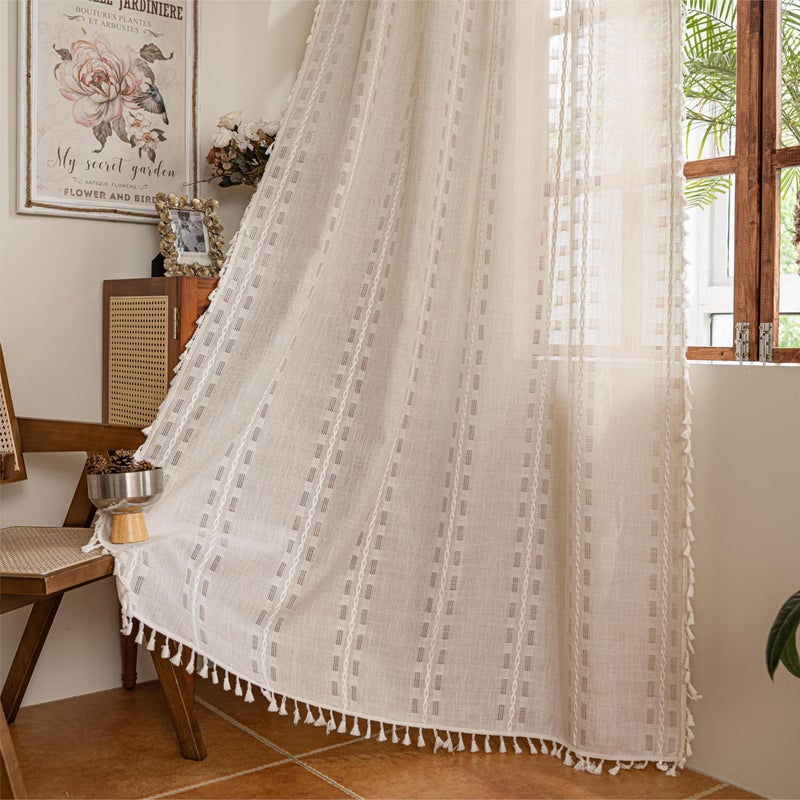 Sutuo Home Natural Boho Curtains for Bedroom Living Room 84 inches Long,Light Filtering Privacy Farmhouse Hollow Vintage Chic Tassels Window Treatment Bohemian Drape Rod Pocket 1 Panel 52" W x 84" L - Image 3