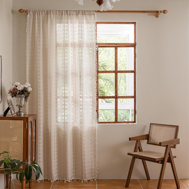 Sutuo Home Natural Boho Curtains for Bedroom Living Room 84 inches Long,Light Filtering Privacy Farmhouse Hollow Vintage Chic Tassels Window Treatment Bohemian Drape Rod Pocket 1 Panel 52" W x 84" L - Image 2