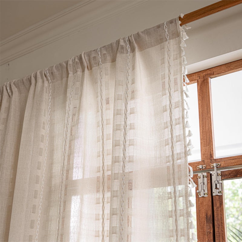 Sutuo Home Natural Boho Curtains for Bedroom Living Room 84 inches Long,Light Filtering Privacy Farmhouse Hollow Vintage Chic Tassels Window Treatment Bohemian Drape Rod Pocket 1 Panel 52" W x 84" L - Image 5
